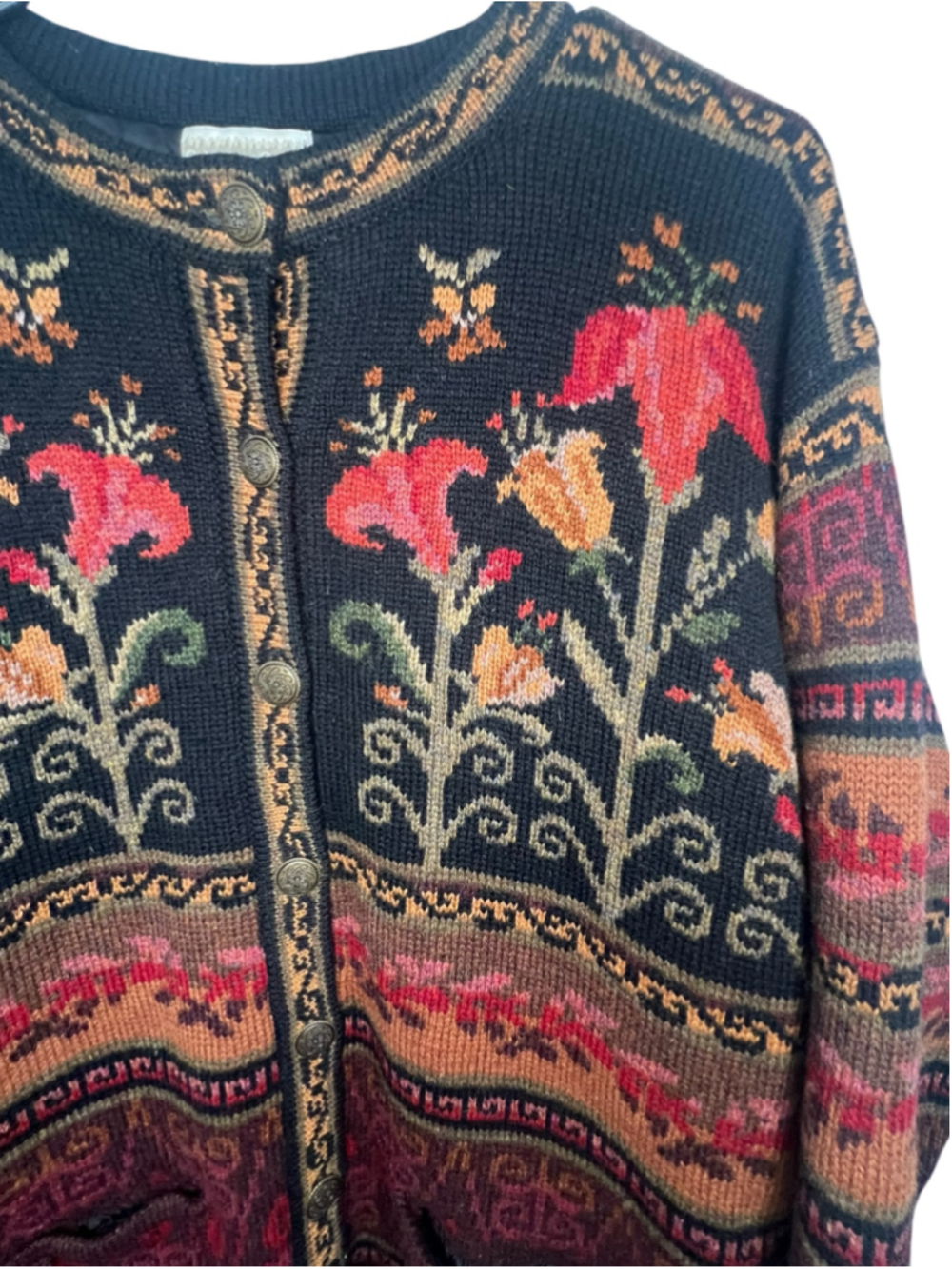 Coldwater Creek 100% Shetland Wool Floral Fair Isle Button Up Cardigan Sweater - Picture 3 of 6